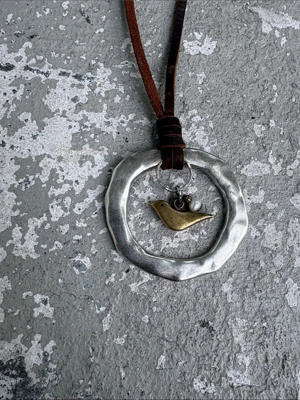 Le Grande Pewter pendant with bird and pearl